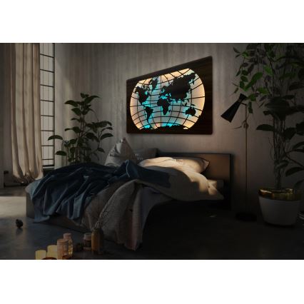 Li-Go 4709/DUB2 - Decorațiune de perete LED RGBW reglabilă, 24W/230V, 125x74 cm, stejar — hartă a lumii (paralele) + telecomandă