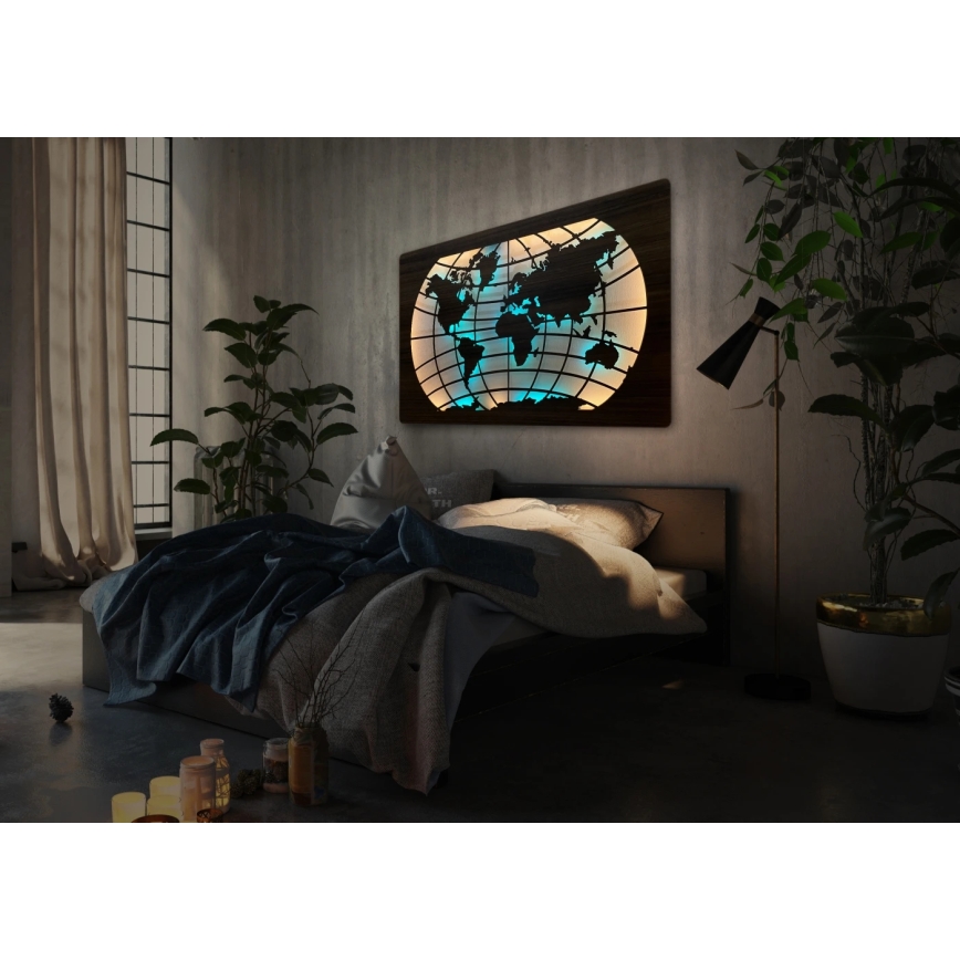 Li-Go 4709/DUB2 - Decorațiune de perete LED RGBW reglabilă, 24W/230V, 125x74 cm, stejar — hartă a lumii (paralele) + telecomandă