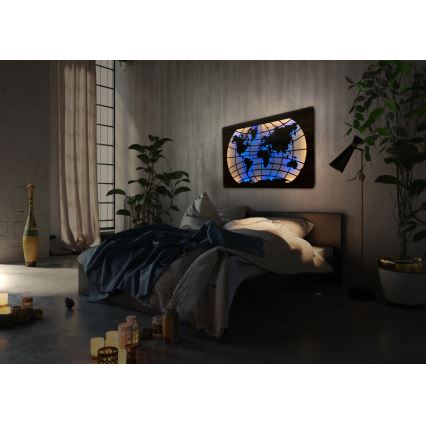 Li-Go 4709/DUB2 - Decorațiune de perete LED RGBW reglabilă, 24W/230V, 125x74 cm, stejar — hartă a lumii (paralele) + telecomandă