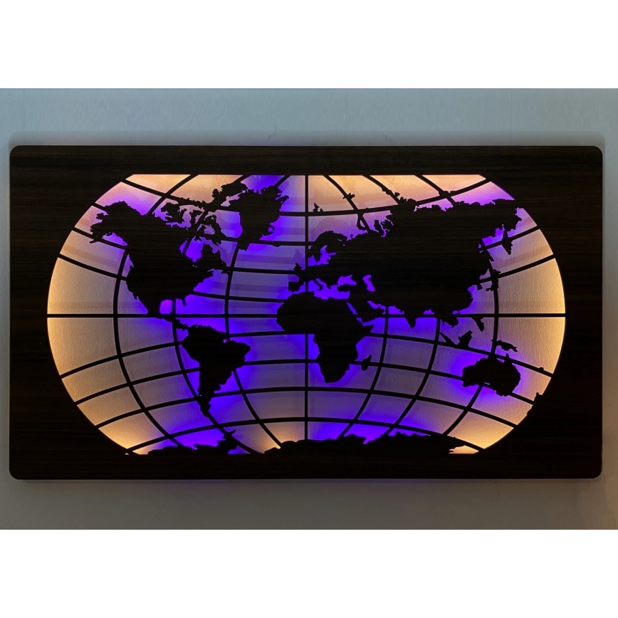 Li-Go 4709/DUB2 - Decorațiune de perete LED RGBW reglabilă, 24W/230V, 125x74 cm, stejar — hartă a lumii (paralele) + telecomandă