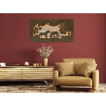 Li-Go 5012/B/4 - Decorațiune LED de perete reglabilă, 10W, 5V, 30000 mAh, 120x60 cm, stejar/cai, cu telecomandă