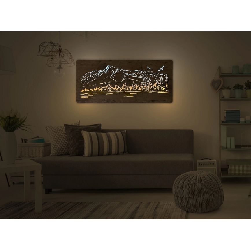 Li-Go 5589/A/DUB2 - Decorațiune LED de perete reglabilă, 10W/5V, 30000 mAh, 110x50 cm, stejar/munți cu păsări