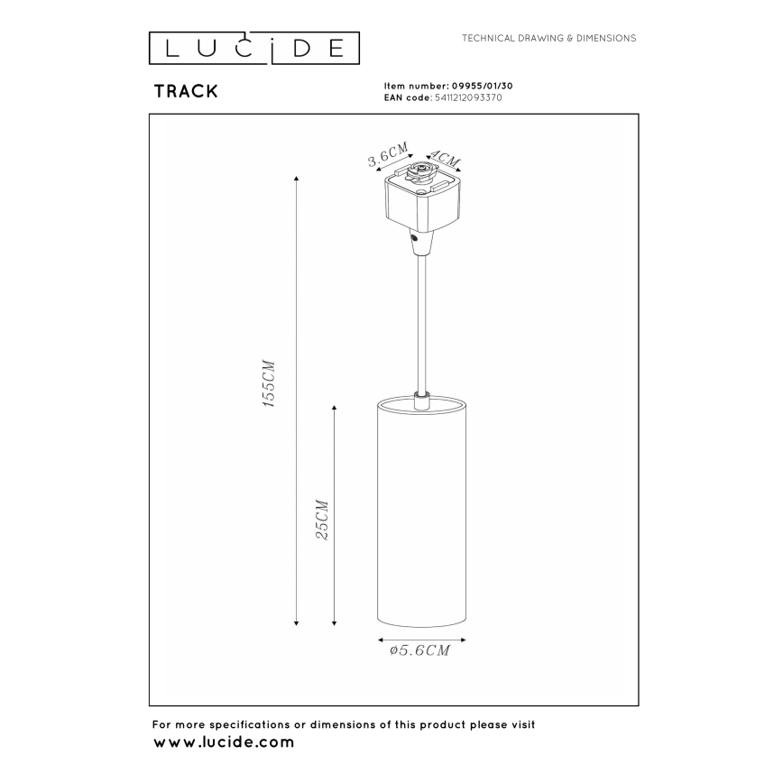 Lucide 09955/01/30 - Lampă suspendată pe cablu pentru sistem de șină TRACK 1xGU10/MR16/50W/230V