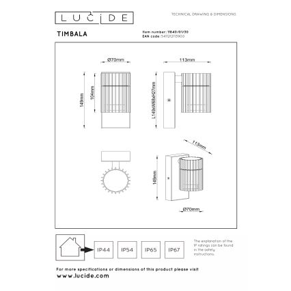 Lucide 11840/01/30 - Aplica de perete pentru exterior TIMBALA 1xGU10/7W/230V IP44