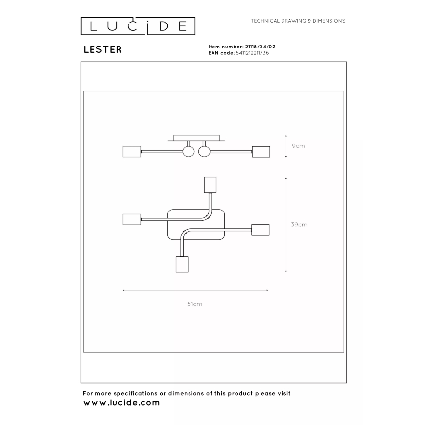 Lucide 21118/04/02 - Lustru aplicat LESTER, 4xE27/40W/230V, auriu