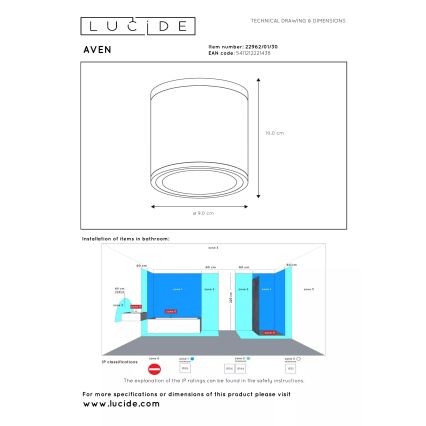 Lucide AVEN - plafonieră de baie 1x GU10/50W/230V, Ø 9 cm, IP65, neagră (22962/01/30)