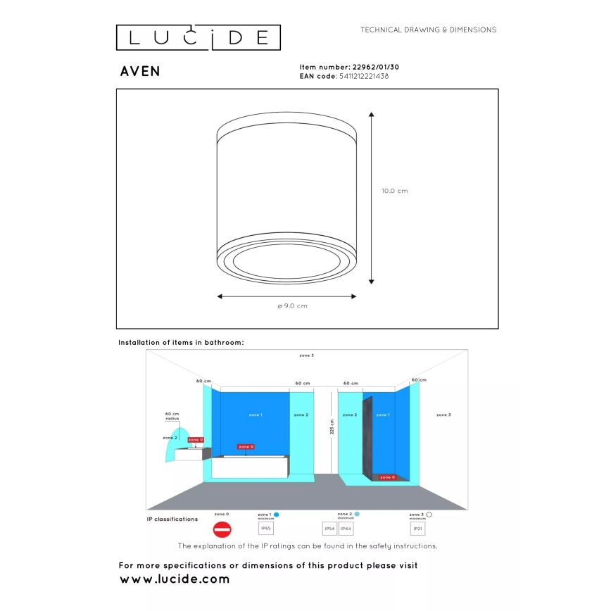 Lucide AVEN - plafonieră de baie 1x GU10/50W/230V, Ø 9 cm, IP65, neagră (22962/01/30)