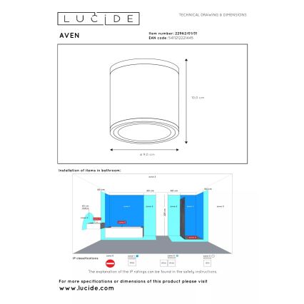 Lucide AVEN 22962/01/31 - Plafonieră de baie 1xGU10/50W/230V, Ø 9 cm, IP65, alb