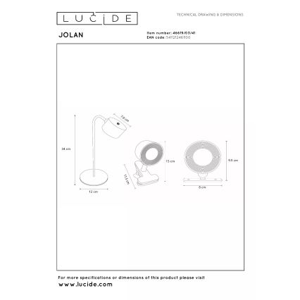 Lucide 46619/03/41 - Lampă de birou reîncărcabilă, dimabilă, cu LED JOLAN LED/3,5W/5V 1200 mAh