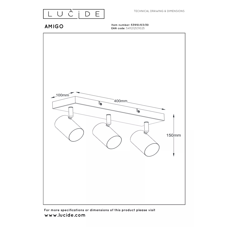 Lucide 53910/03/30 - Lampă spot AMIGO 3xGU10/40W/230V neagră