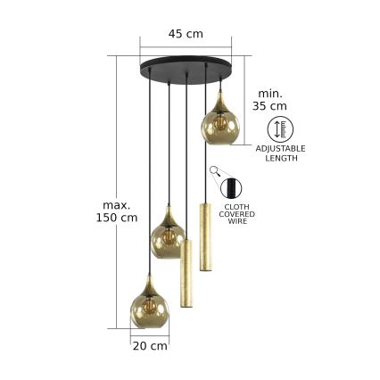 Candelabru suspendat pe cablu CALYPSO 2xGU10/60W/230V + 3xE27/60W negru/auriu