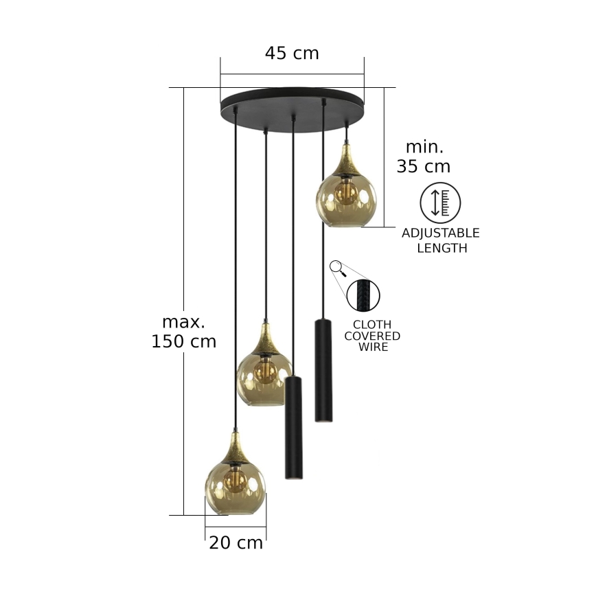 Candelabru suspendat pe cablu CALYPSO 2xGU10/60W/230V + 3xE27/60W negru/auriu