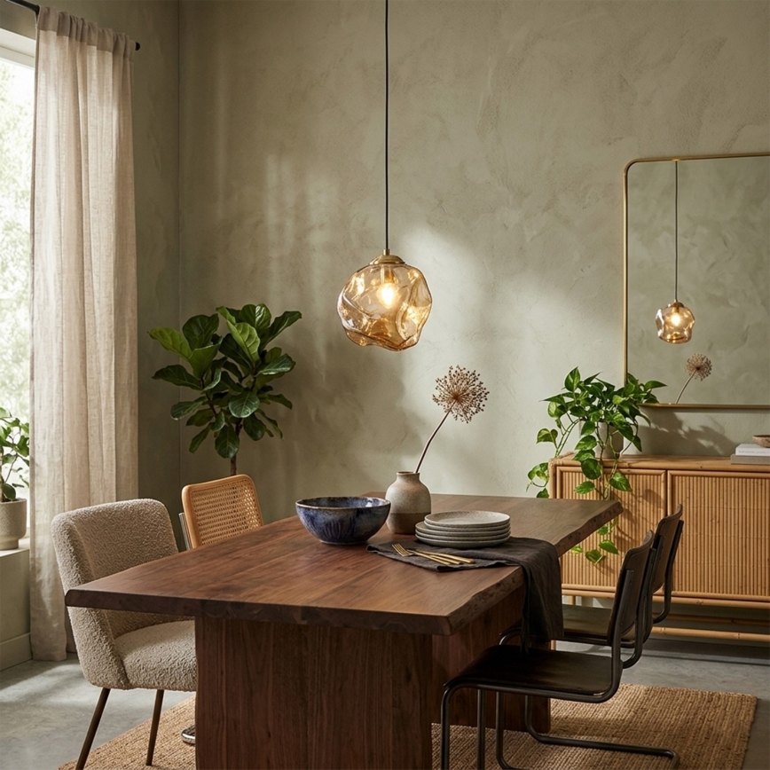 Lustră CRISTAL suspendată pe cablu, 1xE14/15W/230V, alamă/bej fumuriu