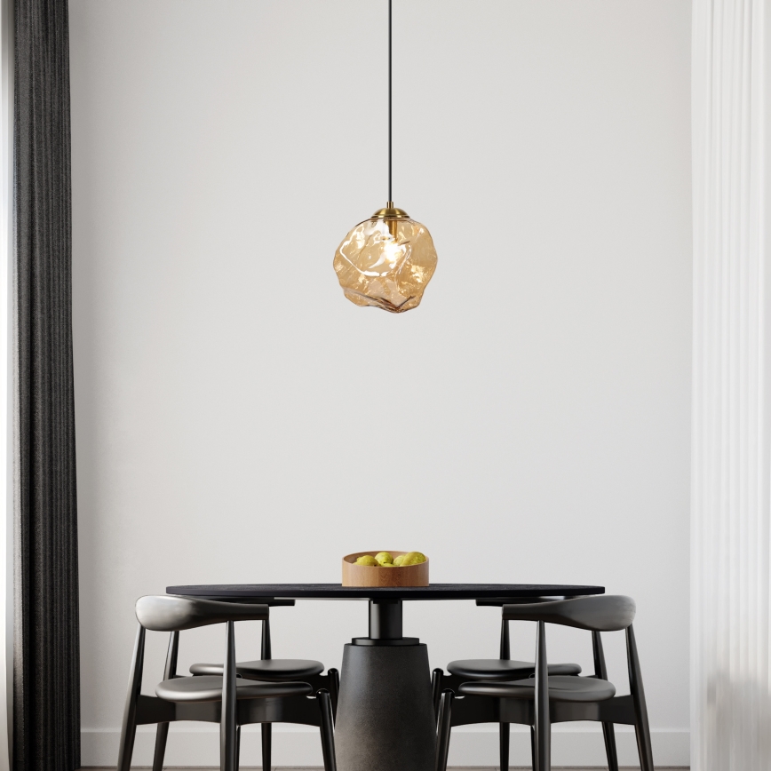 Lustră CRISTAL suspendată pe cablu, 1xE14/15W/230V, alamă/bej fumuriu