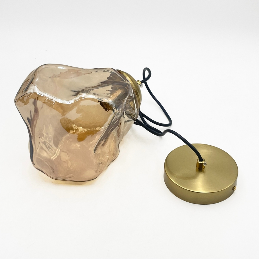 Lustră CRISTAL suspendată pe cablu, 1xE14/15W/230V, alamă/bej fumuriu