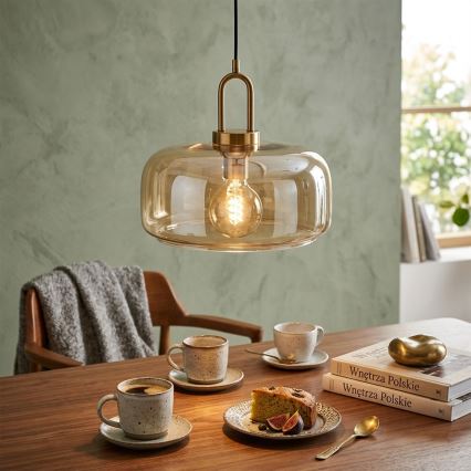 Lustră cu cablu AMAYA 1xE27/15W/230V aurie/bej fumuriu