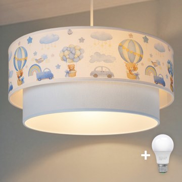Lustră LED Brilagi BOBO pentru copii, suspendată pe cablu, 1xE27/60W/230V, Ø 40 cm, crem/albastru/cu ursuleț