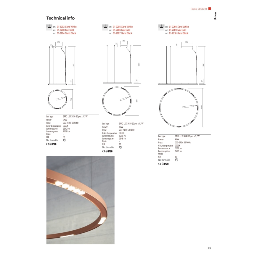 Lustră LED pe cablu UNION Redo 01-2207 LED/50W/230V 3000K d. 90 cm negru