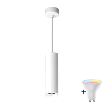 Lustră LED RGBW reglabilă pentru baie suspendată pe cablu TURYN 1xGU10/4,8W/230V 3000K IP44 albă + telecomandă