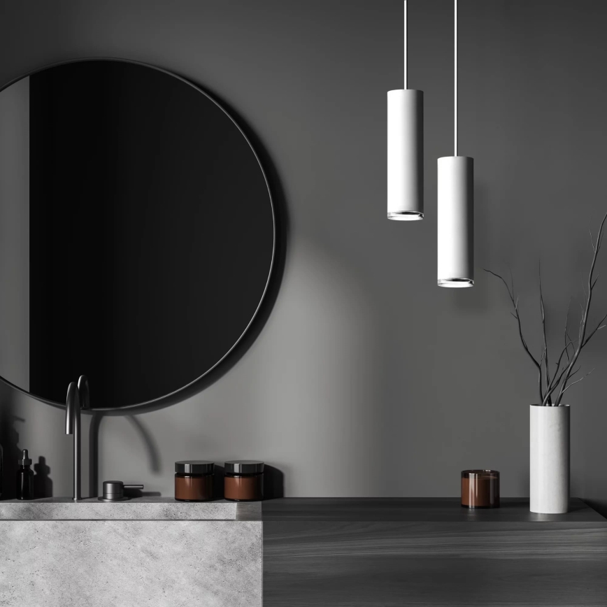 Lustră LED RGBW reglabilă pentru baie TURYN, suspendată pe cablu, 1xGU10/6,5W/230V, 2700-6500K, Wi-Fi, IP44, albă