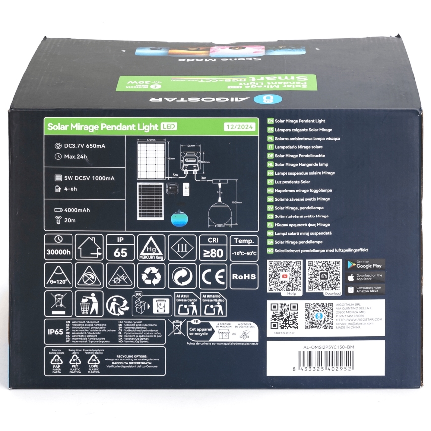 Lustră LED RGBW solară dimabilă Aigostar MESH LED/20W/3,7V 4000 mAh 2700K-6500K IP65 d. 15 cm