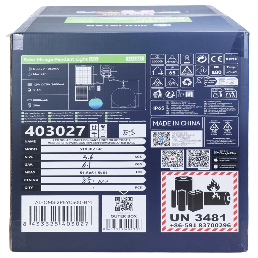 Lustră LED RGBW solară dimabilă Aigostar MESH LED/35W/3,7V 8000 mAh 2700K-6500K IP65 d. 50 cm