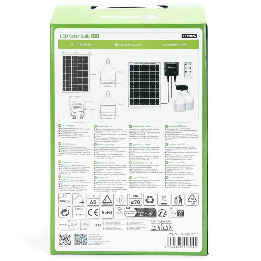 Lustră LED solară Aigostar 2xLED/35W/12V 6000 mAh 6500K d. 10 cm + telecomandă