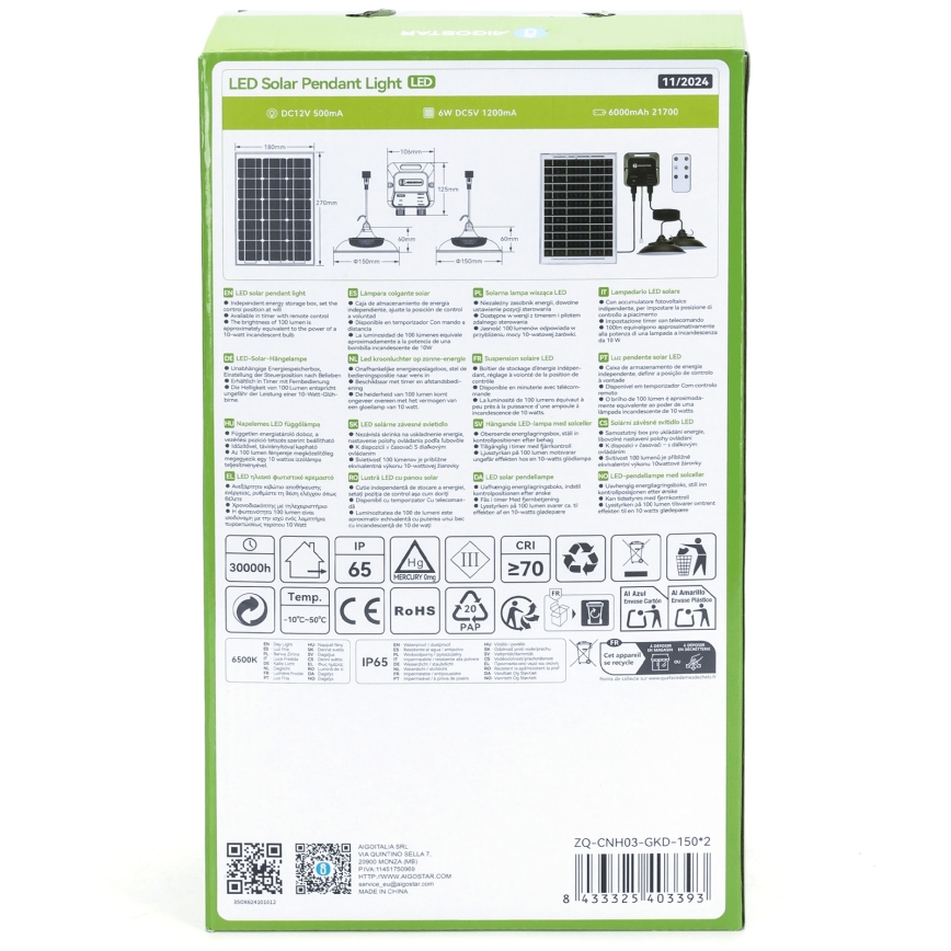 Lustră LED solară cu senzor Aigostar 2xLED/35W/12V 6000 mAh 6500K d. 15 cm + telecomandă