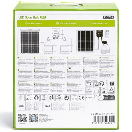 Lustră LED solară cu senzor Aigostar 2xLED/70W/12V 12000 mAh 6500K d. 12 cm + telecomandă