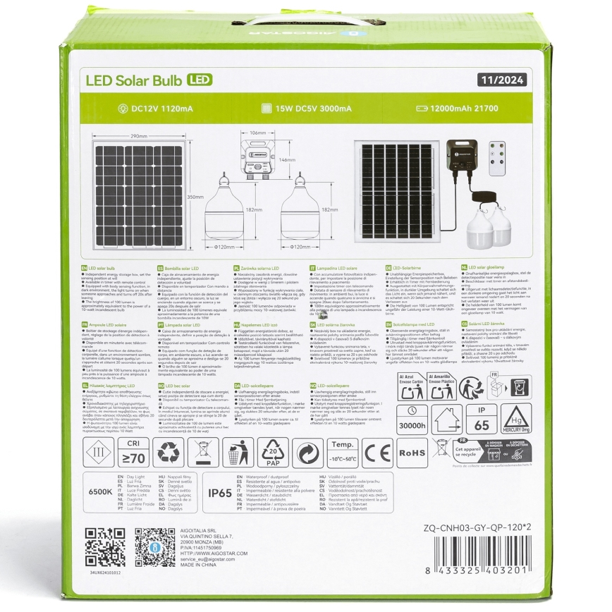 Lustră LED solară cu senzor Aigostar 2xLED/70W/12V 12000 mAh 6500K d. 12 cm + telecomandă