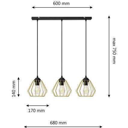 Lustră pe cablu AGAT 3xE27/15W/230V auriu/negru