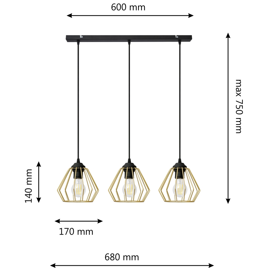 Lustră pe cablu AGAT 3xE27/15W/230V auriu/negru