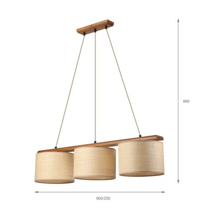 Lustră pe cablu AIDA 3xE27/15W/230V Ø 25 cm stejar/rafie