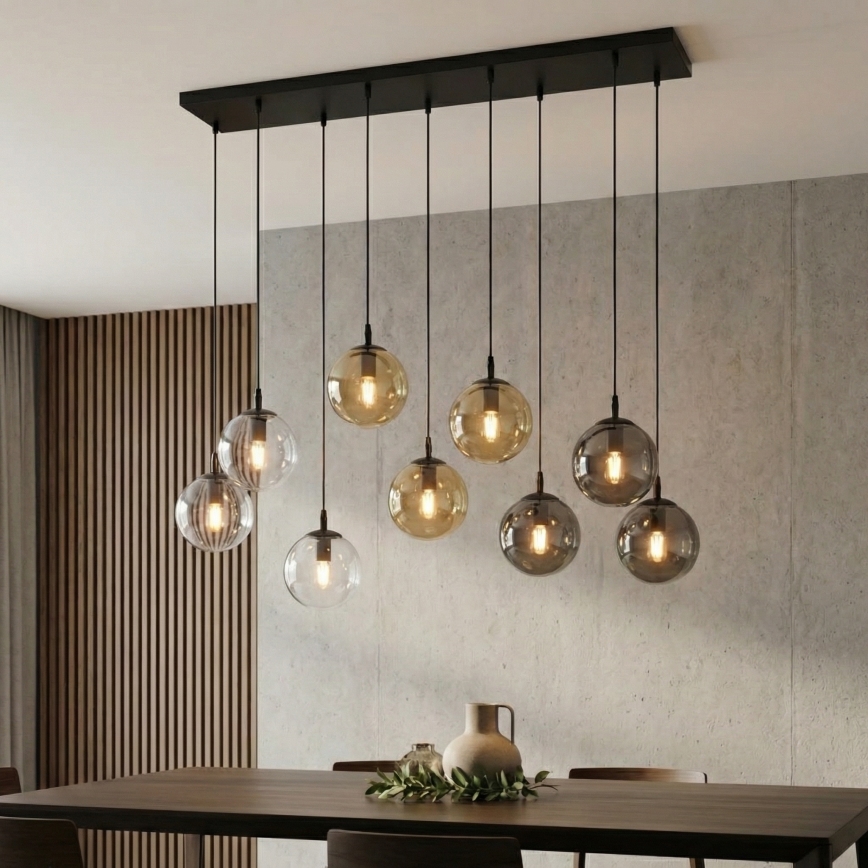 Lustră pe cablu COSMO 9xE14/10W/230V negru/gri/bej/transparent