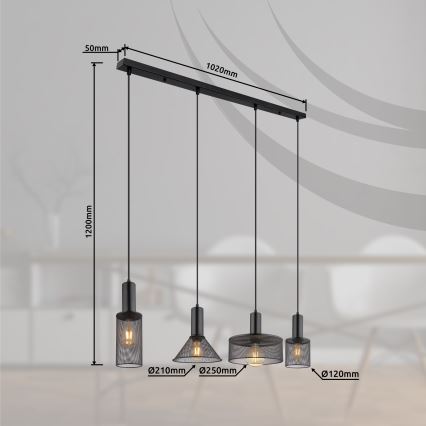 Lustră pe cablu 4xE27/60W/230V negru Globo