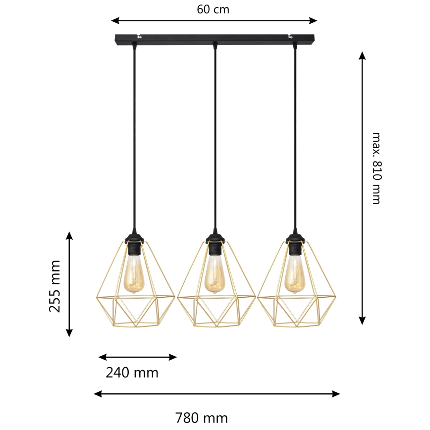 Lustră pe cablu KARO 3xE27/15W/230V auriu/negru