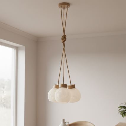 Lustră pe cablu LOOMIS, 3xE27/15W/230V, 130 cm, bej/stejar