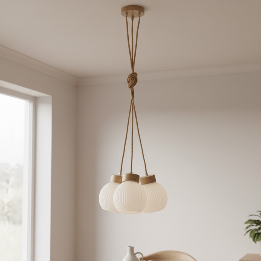 Lustră pe cablu LOOMIS, 3xE27/15W/230V, 130 cm, bej/stejar