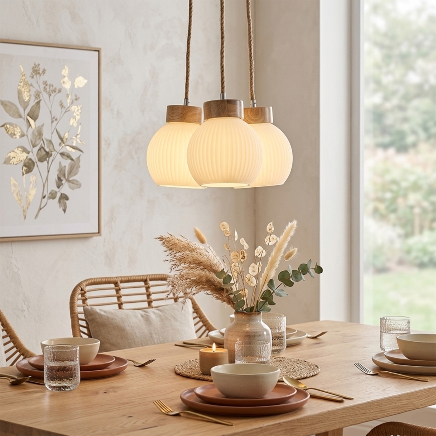 Lustră pe cablu LOOMIS, 3xE27/15W/230V, 130 cm, bej/stejar