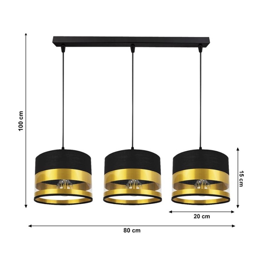 Lustră pe cablu MILO 3xE27/60W/230V aurie/neagră
