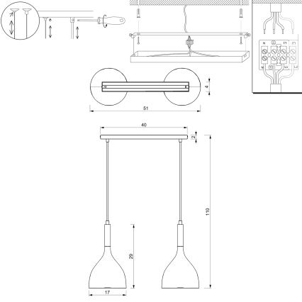 Lustră pe cablu NOAK 2xE27/15W/230V bej/auriu