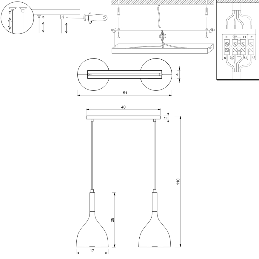 Lustră pe cablu NOAK 2xE27/15W/230V bej/auriu