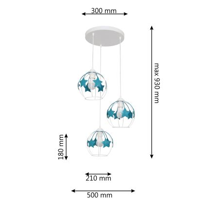 Lustră pe cablu pentru copii STARS 3xE27/15W/230V turcoaz/alb