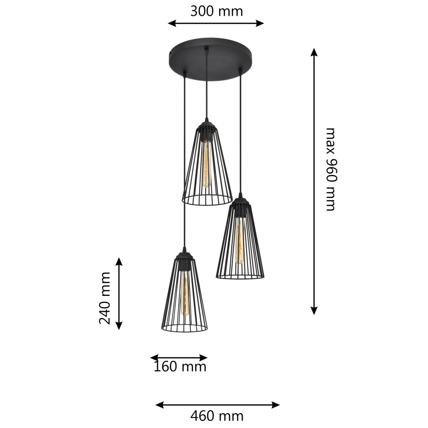 Lustră pe cablu TORRI 3xE27/15W/230V negru