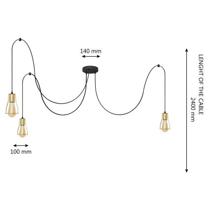 Lustră pe cablu TUBE LONG 3xE27/10W/230V negru/auriu