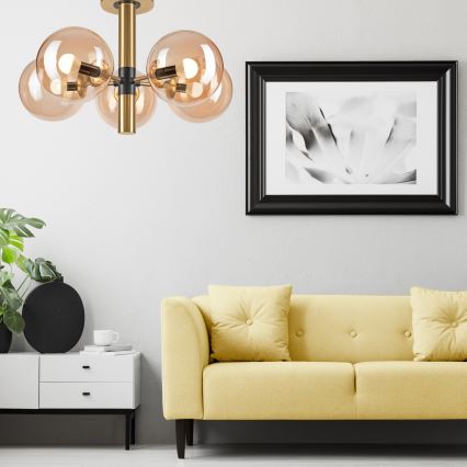 Lustră pe tijă ROLLO 5xE14/5W/230V auriu/bej fumuriu