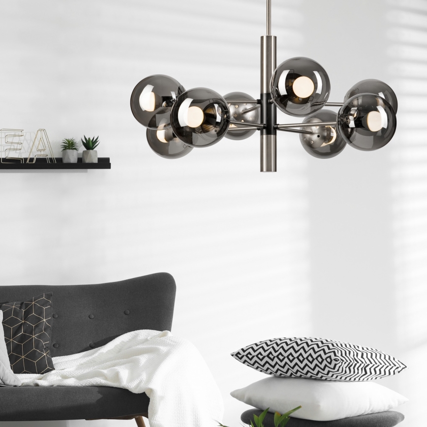 Lustră pe tijă ROLLO 8xE14/5W/230V crom mat/fumuriu