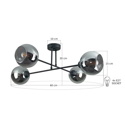 Lustră pe tijă VASCO 4xE27/60W/230V negru/negru fumuriu