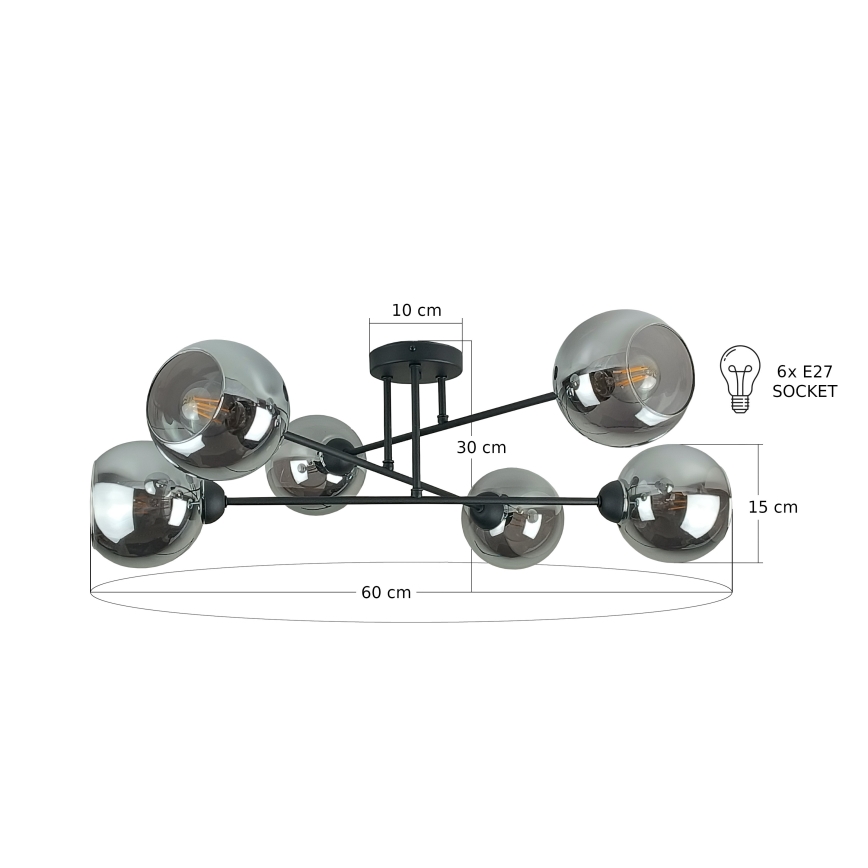 Lustră pe tijă VASCO 6xE27/60W/230V negru/negru fumuriu