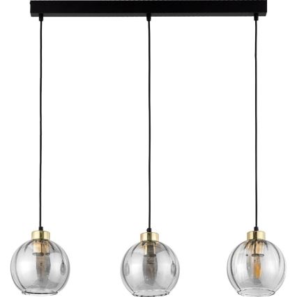 Lustră suspendată cu cablu DEVI 3xE27/15W/230V, negru/fumuriu